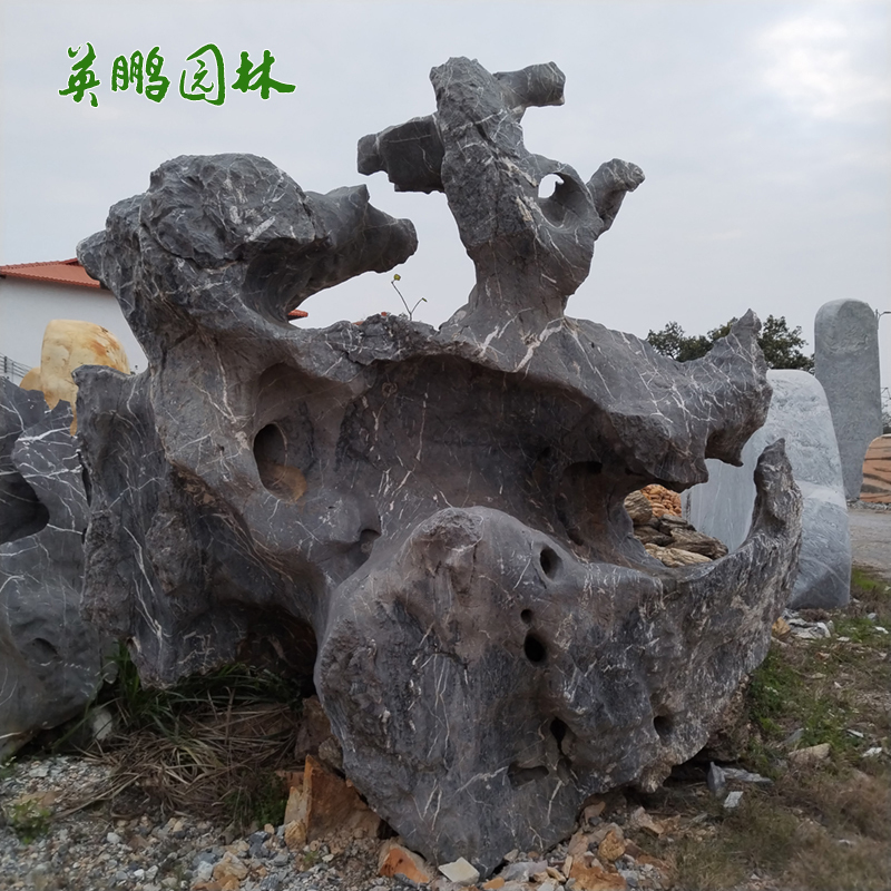  庭院观赏独石摆件 大型驳岸草坪景观石 白纹黑太湖石